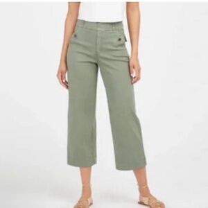 SPANX Twill Cropped Wide Leg Utility Pants Khaki Green Casual Stretch L